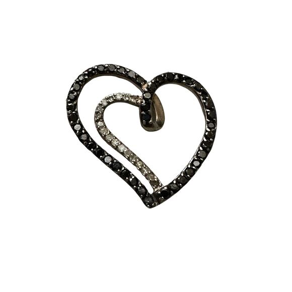 Sterling Silver Heart Pendant with Black Rhinestones and Cubic Zirconia - Picture 1 of 5